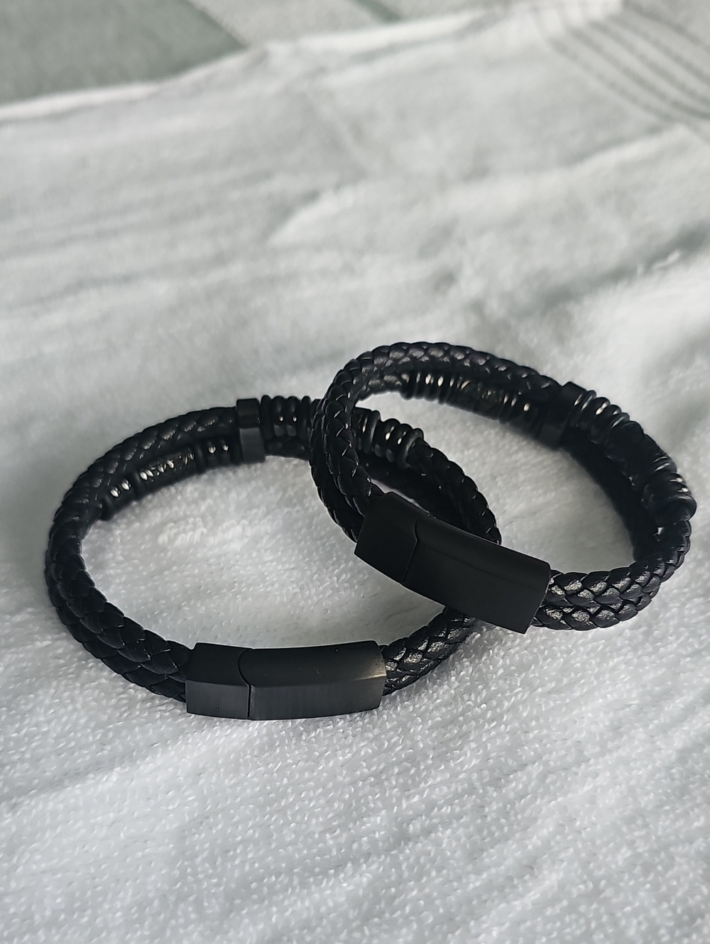 Black Braided Leather Magnetic Clasp Bracelet Set